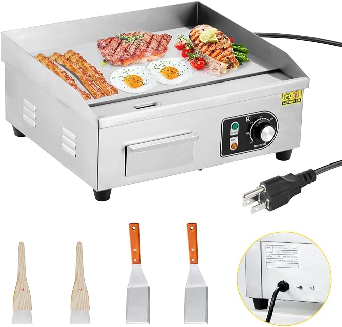 Takywep 14 inch Commercial Electric Griddle, 1500W Countertop Griddle, Non-Stick Restaurant 110V Teppanyaki Flat Top Grill Stainless Steel Adjustable Temperature Control 122°F-572°F (with PLUG)