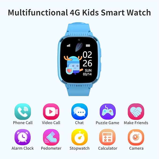 4G Kids Smart Watch Boys with GPS Tracker & Call Phone, Watches for Kids Age 5-12 with SOS Calling, School Mode Parental Controls 12/24 Hr Text Message HD Video Call Voice Chat (Light Blue)