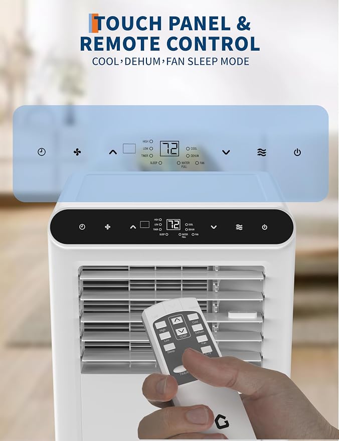 Portable Air Conditioners 8000 BTU, Quiet 3 in-1 Portable AC Unit with Remote Control, Dehumidifier and Timer, Energy Efficient Air Conditioner for Home and Office Spaces, White & Black