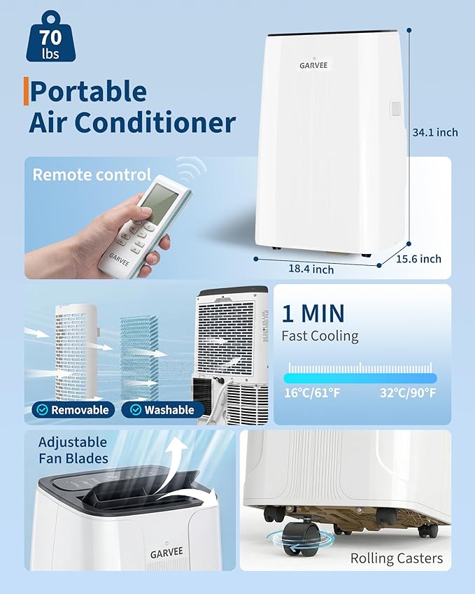Garvee Portable Air Conditioners 14000 BTUs,1290W 850 Sq.Ft CEER 7.83