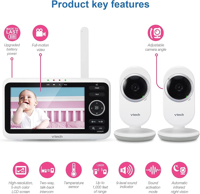 VTech Baby Monitor with 2 Cameras No WiFi & 5" Screen – Split-Screen, Patrol Mode, Night Vision, Two-Way Talk, Temperature Sensor, Lullabies, 1000ft Range | VM350-2