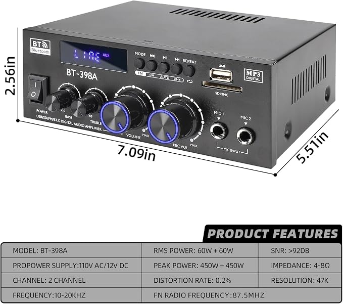 Joengoep BT-398A Stereo Audio Amplifier,Receiver for Speakers Max 900W,2.0 Channel Stereo Receiver with FM Radio,USB/SD/AUX Optical & Coaxial Input for Passive Speakers