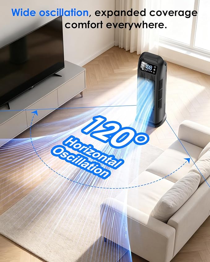 Portable Air Conditioner, 4 in 1 Evaporative Air Cooler with Remote Control, 1200ML Water Tank, 120 Oscillating, 4 Speeds, 12H Timer, Mist Spray Tower Fan for Home Office, Black