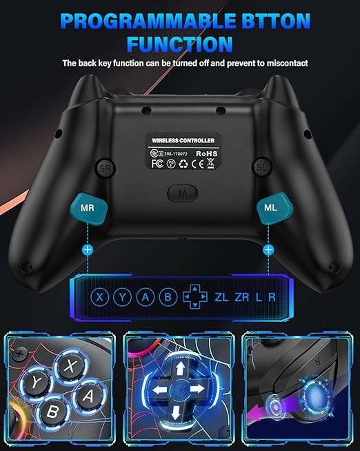 Switch Controller, Wireless Pro Controller Compatible with Nitendo Switch/Switch 2/Switch Lite/Switch OLED, Switch Controller Pro, Rechargeable Switch Remote Gamepad with 6-Axis Gyro,10 LED Light