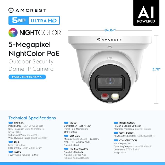 Amcrest 5MP AI Turret IP PoE Camera w/ 49ft Nightvision, Security IP Camera Outdoor, Built-in Microphone, Human & Vehicle Detection, Active Deterrent, 129° FOV, 5MP@20fps IP5M-T1277EW-AI