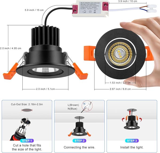 2 Inch Smart Recessed Lighting, 5W WiFi Recessed LED Lights, Dimmable RGB Color Changing & CCT 2700K–6500K, Compatible with Alexa & Google Home, 120V LED Downlight & Driver (Black, 4 Pack)
