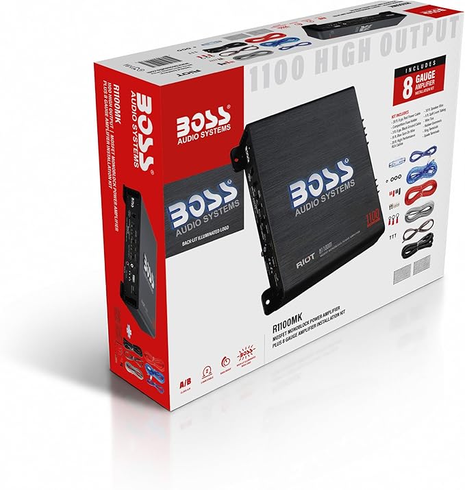 BOSS Audio Systems R1100MK Monoblock Car Amplifier and 8 Gauge Wiring Kit - 1100 High Output, High Low Level Inputs, Low Pass Crossover