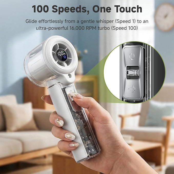 COKUNST Handheld Fan with Mist Spray & 1-100 Speed, Toggle Button & LED Digital Display, 3000mAh USB Rechargeable, 16000 RPM Turbo Mini Fan for Travel Outdoor Camping Makeup Home Office – White