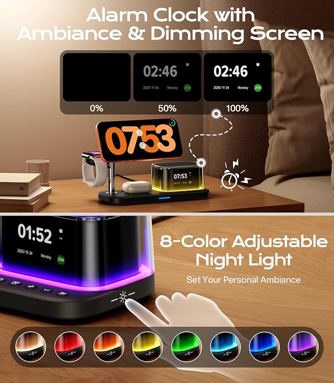 Meifigno 45W 5 in 1 Charging Station with Bluetooth Speaker and Alarm Clock & Night Light, Qi2.2 25W Fast Wireless Charger for MagSafe Charger for iPhone 17/16, Charger Stand for Apple Watch & AirPods