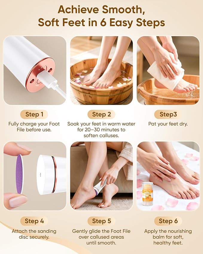 Electric Foot Callus Remover Rechargeable, Portable Electronic Foot File Pedicure Tools, Waterproof Foot Scrubber File, Professional Pedicure Kits, Foot Care for Dead Skin Ideal Gift (White)