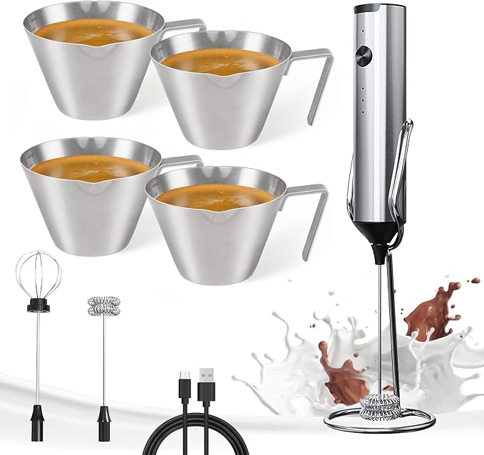 YARRAMATE Silver Powerful Milk Frother Wand & 3.4 oz/100ML Metal Measuring Cups