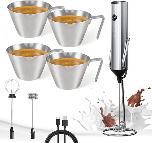 YARRAMATE Silver Powerful Milk Frother Wand & 3.4 oz/100ML Metal Measuring Cups