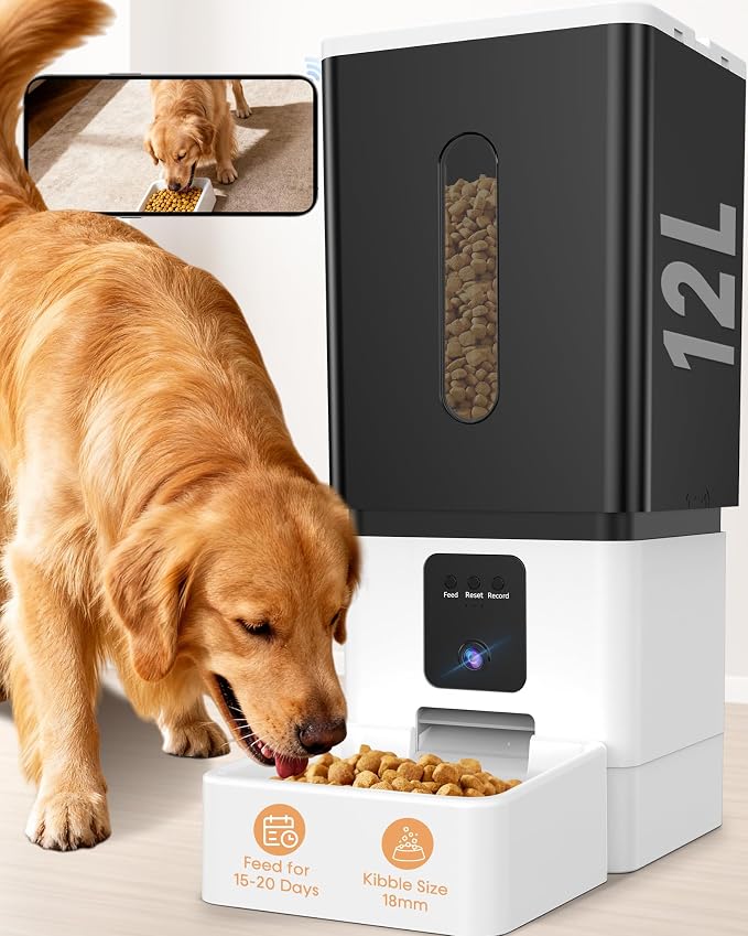 Large Breed Automatic Dog Feeder with 1080P HD Camera: 12L/50 Cups 20-Day Food Capacity for Busy Pet Owners - Anti-Clog 0.78inch Wide Outlet for Large Kibble