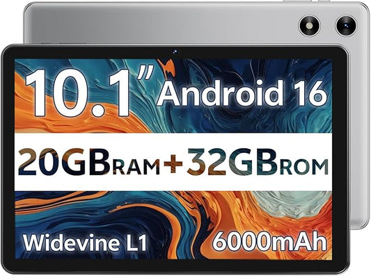 SVITOO Android Tablet 10 Inch, Android 16 Tablet for Kids Adults, 20GB RAM 32GB Storage 1TB Expandable, Dual Cameras 8MP 2MP, 6000mAh Dual Speakers WiFi 6 Gray