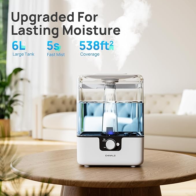 CHIVALZ Humidifiers for Bedroom Large Room, 6L Cool Mist Top Fill Humidifier with Essential Oil Diffuser, 26dB Quiet Ultrasonic Humidifier for Baby Nursery Plants, 50H Runtime Night Light 1 Pack White