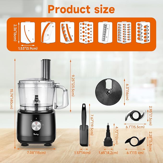 Davivy 7-Cup Food Processor with Built-in Storage Drawer | 600W Motor, 9-Blade Set for Wavy Slicing, French Fries, Dough Kneading | 3-Speed Compact Chopper for Home Kitchen Meal Prep, Black