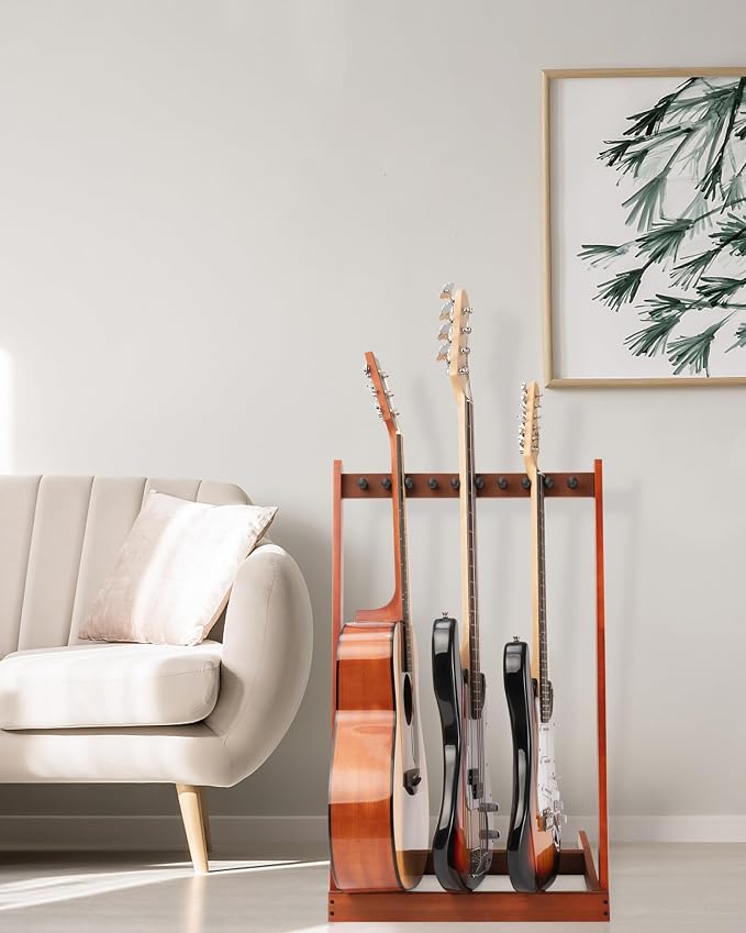 Multiple Guitar Stand, Mahogany Wood Multi Guitar Stand for 3 Acoustic, 5 Electric or 5 Bass, Hardwood Instrument Rack for Men, Wooden Floor Instrument Racks for Home Decor, Studio Display