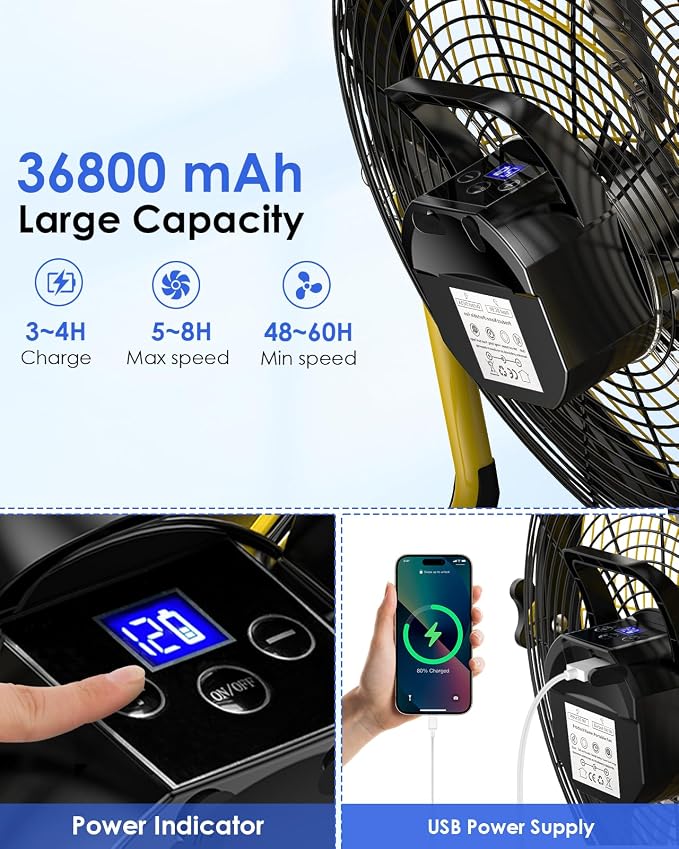 18'' Portable Solar Powered Floor Fan, Cordless Camping Fan Outdoor, Long Lasting Rechargeable Battery Operated Fan, 360° Tilt, USB Output, Wireless, for Home Gazebo Greenhouse Outside Gym
