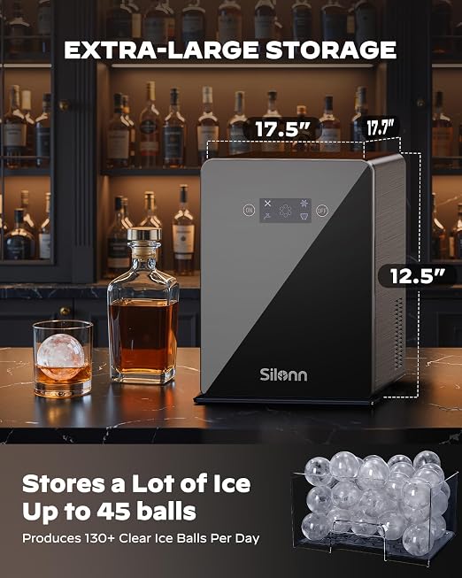Silonn 2" Sphere Clear Ice Maker Countertop, Slow-Melting Crystal Ice Balls for Whiskey, 4 Pcs in 35 Mins / 144 Pcs/Day, Rapid Sphere Technology, One-Click Self-Cleaning, Ideal for Bourbon