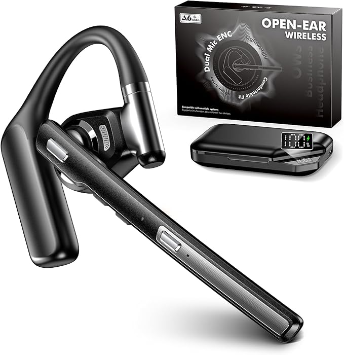 Bluetooth Headset V6.0, Open Ear Wireless Earpiece with Noise Canceling Mic, 96H Talking Time with the 950 mAh Charging Case for iOS Android Laptop, Headphones with Mute Button for Trucker Work