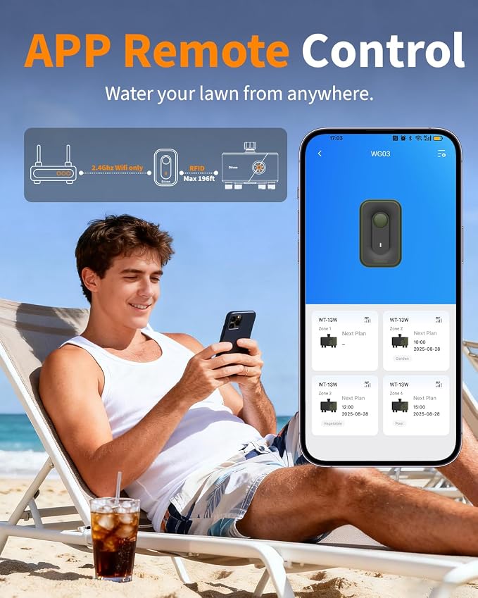 Diivoo WiFi Water Timer 4 Outlets, Smart Sprinkler/Hose/Tap Timer Compatible with Alexa & 24 Irrigation Plans & Rain Delay, Garden Watering Systems Controller with 2 Watering Modes for Lawn Yard