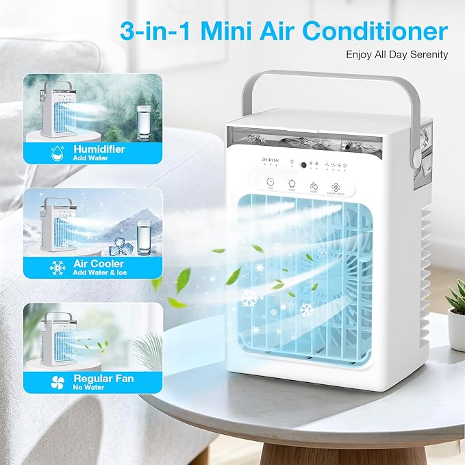 Portable Air Conditioners, 3-1 Mini AC Unit with Remote, 4 Speeds Small Air Cooler With 2 Mist Modes, 2 Cooling Modes,Timer,7 Lights, USB Powered Cooling Fan for Bedoom Camping Office