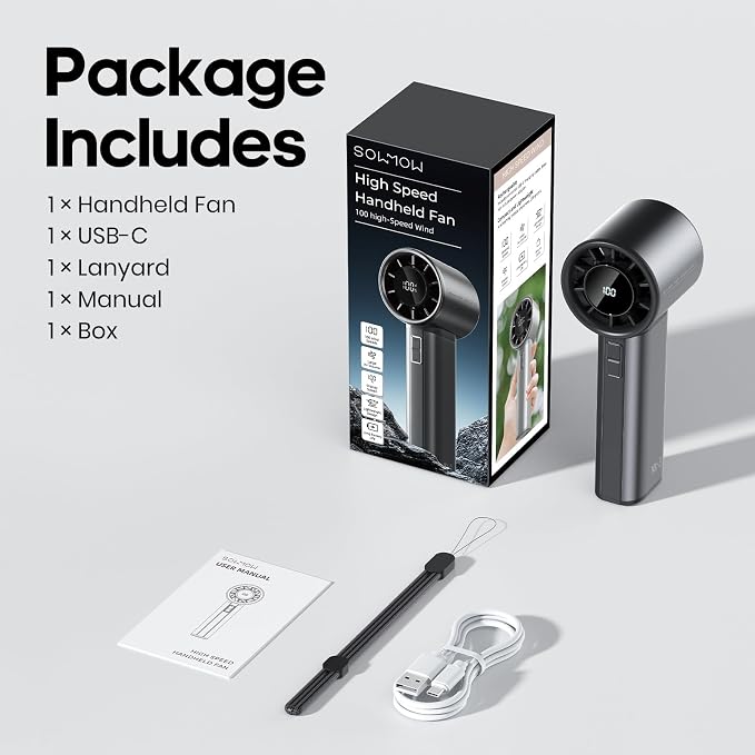 Portable Handheld Turbo Fan, 100 Speeds Adjustable Mini Personal Fan, 4500mAh USB-C Rechargeable Battery Operated, Digital Display, Ultra-Quiet & Durable for Travel, Office, Gym, Outdoor Black