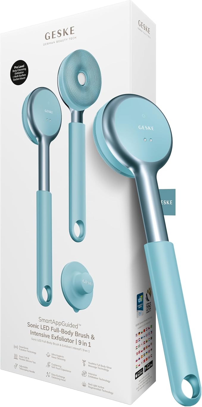 GESKE LED Sonic Full-Body Brush | 9 in 1 | Body Cleansing Brush & Intensive Exfoliator with LED | with SmartSonic Pulsations | Expert Deep Cleansing & Massage | Rough Skin Remover | Adjustable Handle
