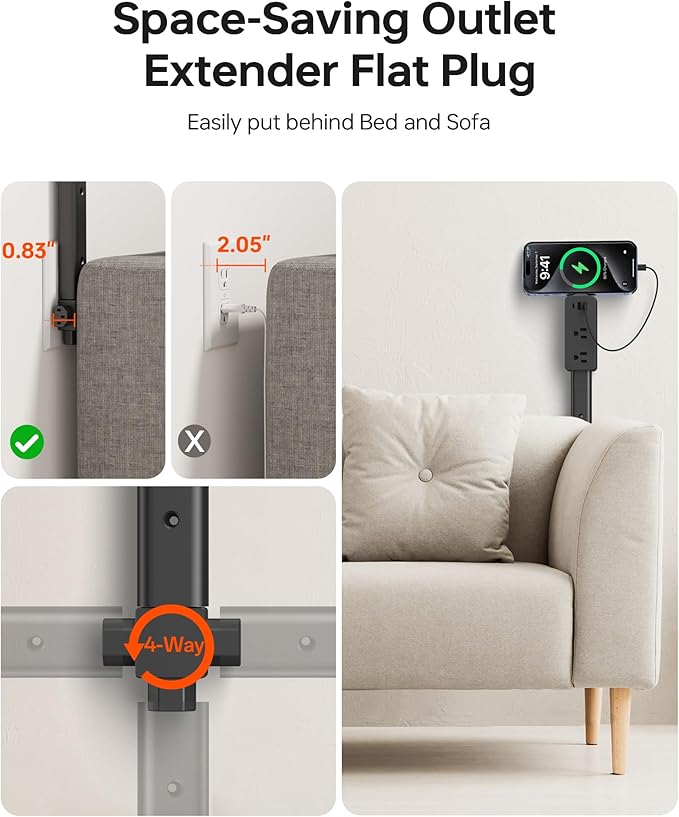 2 Pack Outlet Extender Stick Black with 4-Way Flat Plug | Extends 8"-36" | Outlet Extender with 2AC Outlets, 2USB-A & 1USB-C Ports | Socket Expander Access Hard-to-Reach Outlets Bed Sofa Behind