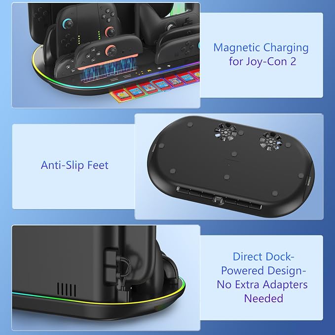 Charging Station for Switch 2 with Cooling Fan DOBEWINGDELOU Controller Charger for JoyCons and Pro Dock Stand with RGB Light 2 USB Ports 7 Game Card Slots LED Indicators