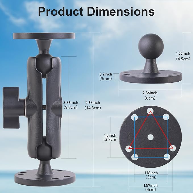 Keuvirya Aluminum Fish Finder Mount with 1" B-Size Ball, 360° Rotation Depth Finder Bracket for Boats with Double AMPS Round Plates, 5.6" Long Arm Marine Electronic GPS Mount for RAM Kit
