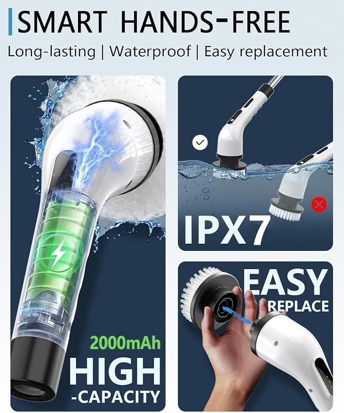 Electric Spin Scrubber for Cleaning Bathroom, Shower Scrubber Cordless Cleaning Brush with IPX7 Waterproof & 3 Speed, 9 Brush Heads, Bathroom Cleaning Supplies for Shower Tub Kitchen Tile Toilet Floor