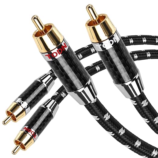 TODN Auidophile RCA Cables 10ft 4-Core-OFC Shielded for HiFi Home Audio | Noise Reduction, 24K Gold-plated Plug, Carbon Fiber Shell, RCA Male to RCA Male, Left and Right Channel, For Turntable/CD/Amp