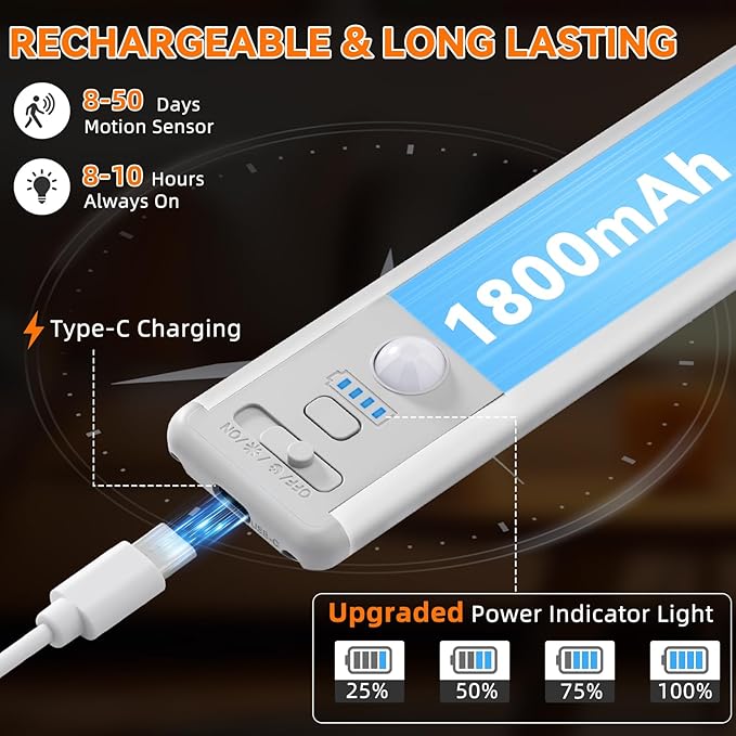 Under Cabinet Lighting Wireless, Rechargeable 10inch Motion Sensor Light Indoor, 3 Color Closet Light Battery Operated with LED Power Display, Magnetic Under Counter Lights for Kitchen, Home (6Pack)