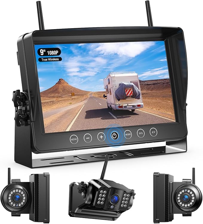 Fookoo 1080P 9" Magnetic Wireless Backup Camera, HD 9" IPS Monitor, Rechargeable 2 Side View 1 Rear View Cameras,1 Min Easy Install, Long Battery Life No Drilling IR Light for Trailer RV Truck DCX903