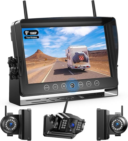 Fookoo 1080P 9" Magnetic Wireless Backup Camera, HD 9" IPS Monitor, Rechargeable 2 Side View 1 Rear View Cameras,1 Min Easy Install, Long Battery Life No Drilling IR Light for Trailer RV Truck DCX903