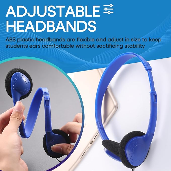 Classroom Headphones Bulk 50 Pack Class Set for School Students Kids and Adult -Sturdy Wired 3.5mm Plug (Blue, 50 Pack)