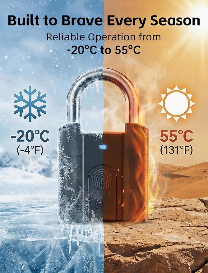 Smart Fingerprint Padlock with Key Backup, Stores 20 Prints, IPX5 Waterproof, Keyless Lock with CR2032 Battery for Gym Locker, Gate, Fence & Shed (Black)