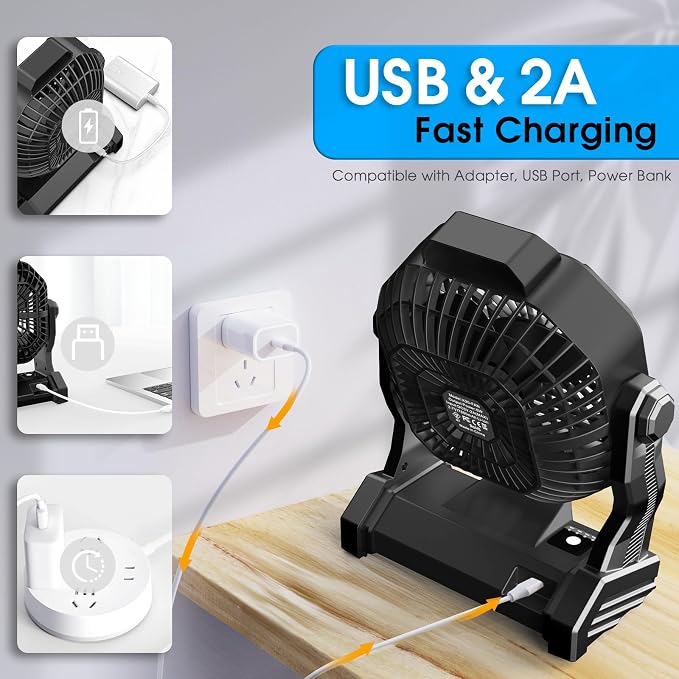 JINLICTE Portable Camping Fan, Rechargeable Battery Powered Tent Fans for Camp Hanging, [13-60Hrs Runtime], 9 Inch, Stepless Speed, Powerful&Quiet, for Picnic, Barbecue, Fishing, Travel, Home, Tent