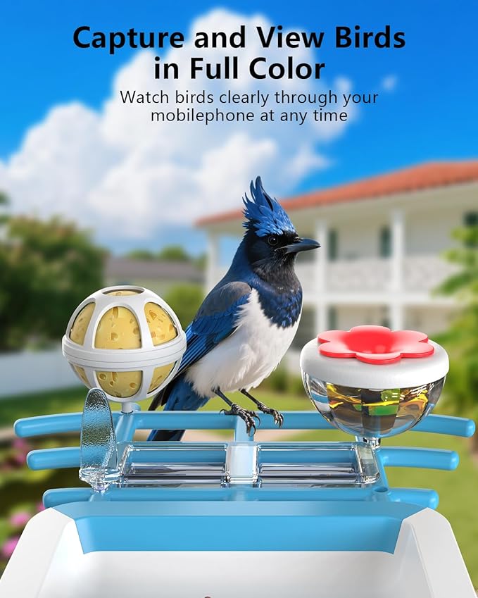 Bird Feeder with Camera, 2K Smart BirdCamera with Solar Powered, AI Identify Birds Species, Instant Arrival Alerts, 2.4Ghz WiFi Bird House for Outdoors, Ideal Gift for Family and Bird Lovers (Blue)