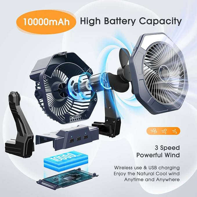 Ausic 10W Misting Solar Fan, 250ml Portable Outdoor Fans with Solar Panel, 8 Inch Battery Operated Rechargeable Cooling Fans with Hook, Camping Water Spray Fan for Travel/Beach/Patios/Chicken Coop