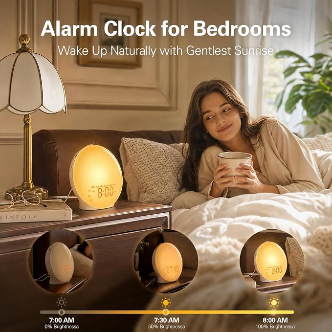 JALL Full-Screen Wake Up Light Sunrise Alarm Clocks for Bedrooms, White Noise Machine for Heavy Sleepers, 25 Natural Sounds, Dual Alarms, FM Radio, 17 Dimmable Colors, Bluetooth Speaker