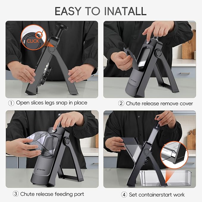 [All in 1] Vegetable Slicer with Adjustable Thickness, Easy to Clean Potato Mandoline Slicer with Container, Rapid Prep French Fry Veggie Cutter/Onion Slicer, Free Grater/Cleaning Brush (Black)