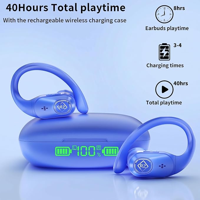 Wireless Earbuds Bluetooth Headphones 96H Playtime LED Display Waterproof Built in Mic Deep Bass Sound Secure Over Ear buds Earhooks for iPhone Android Samsung Cell Phones Sport Workout Gaming Running