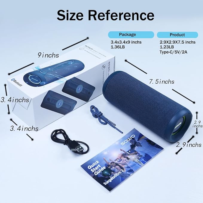 SOWO Portable Bluetooth Speaker, IPX7 Waterproof Wireless Bluetooth Speaker | Bassboom Technology, 25W Loud Stereo Sound, LED Light with TWS Pairing, 16H Playtime for Home and Outdoor -Blue