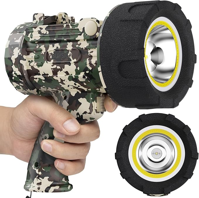 BUYSIGHT Rechargeable Spotlight Flashlight, TURE 1600 high lumens Hand held Spotlight Waterproof Flashlight Hunting floodlight with red Filter(Camouflage Green-COB)