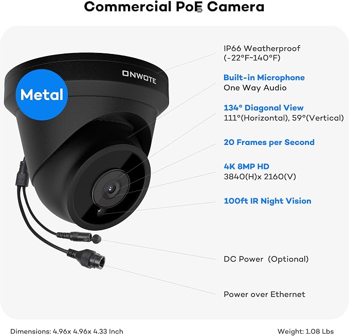ONWOTE 4K 8MP PoE IP Security Camera, AI Human Vehicle Detection, 3840x2160 8 Megapixels, 134° FoV, Video Audio, Indoor Outdoor, Commercial Wired Camera for Business (Black)