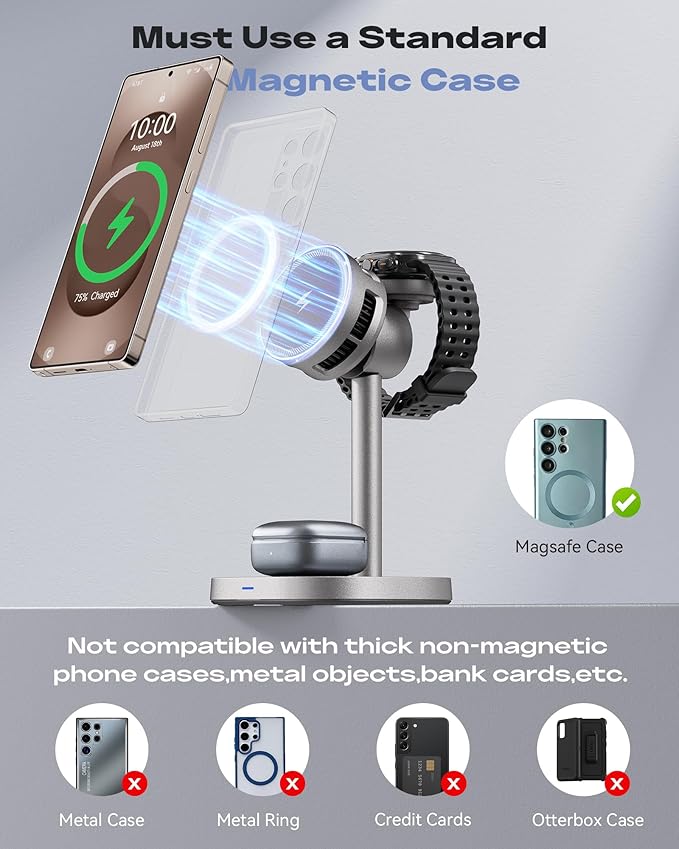 Augnner Magnetic Wireless Charger for Samsung, 15W Certified Fast 3 in 1 Charging Station with TEC Active Cooling Compatible with Samsung Galaxy S26Ultra/S25/Z Fold /Flip7, Samsung Watch/ Buds4Pro