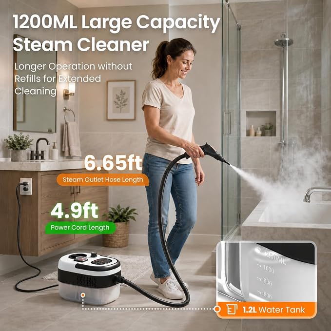 Handheld Steam Cleaner –13pcs Accessories, 1200ml Tank,6-Level Adjustable and 15s Heat-Up Portable Multi-Purpose Steamer for Home,Sofa,Car Floor,Window