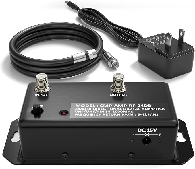 THE CIMPLE CO - TV Antenna Amplifier Kit with Coax - Digital TV Signal Booster with RG6 Coaxial Cable - Adjustable Gain, 24 dB Distribution, NTSC, ATSC, FM, UHF, VHF, 1000 MHz - Indoor Use Only